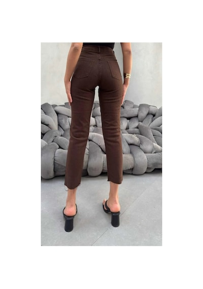 Kene Jeans Kadın Kahverengi Yüksek Bel Keten Paça Kesik Dar Paça Pantolon Kahverengi