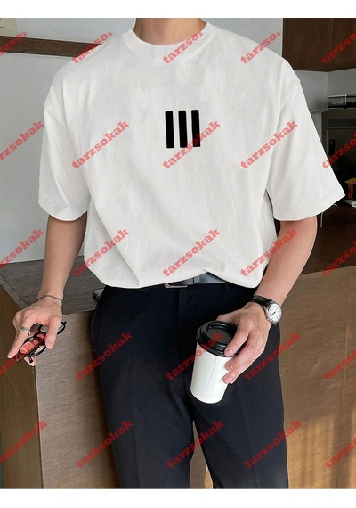 Tarzsokak 3 Çizgi Baskılı Beyaz Erkek Tshirt Beyaz Beyaz