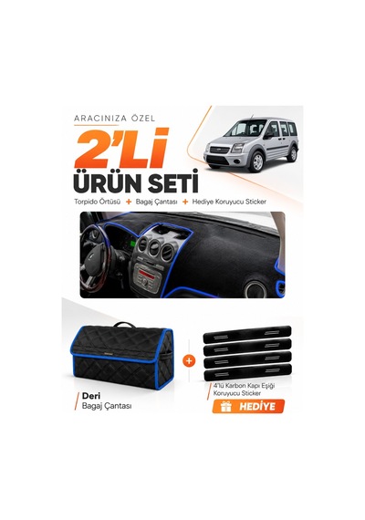 E-biz Ford Connect 2009-2012 Uyumlu Torpido Örtüsü + Deri Bagaj Çantası Seti - Siyah-mavi - Fo017