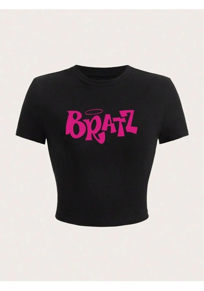 Tarzsokak Y2k Pembe Bratz Mektup Baskı Kırpma T-shirt Seksi Yaz Sokak Kadın Kısa Kollu Rahat Yumuşak St Siyah
