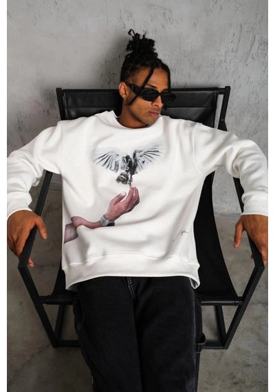 Ertaştrendstore Erkek Güvercin Baskılı 3 İplik Pamuklu Bisiklet Yaka Sweatshirt - Beyaz Çok Renk