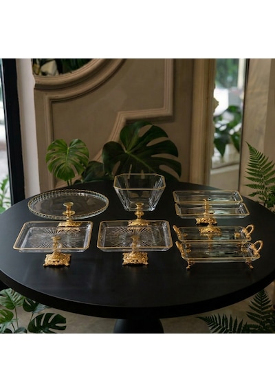 8 Parça Ayaklı Ve Kulplu Masa Sunum Tabağı Seti Gold&gümüş Altın