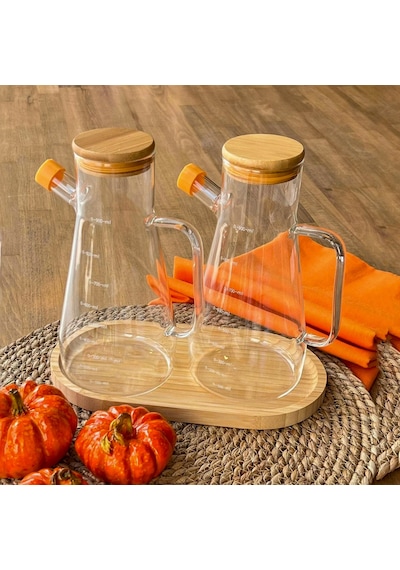 Yağdanlık Cam Şişe 900 Ml Bambu Vakumlu Kapak Ahşap Stantlı İkili