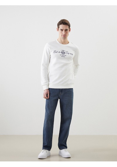 Lcwaıkıkı Classic Beyaz Bisiklet Yaka Baskılı Erkek Kalın Sweatshirt