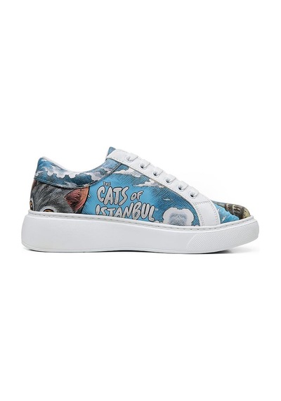 Kadın Vegan Deri Beyaz Sneakers - Galata Cat Tasarım Çok Renkli