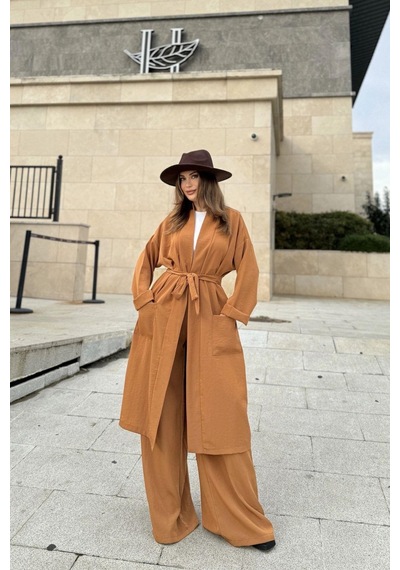 WeShaya Kadın Taba Çift Cepli Uzun Kimono & Bol Paça Pantolon - Salaş Alt & Üst Takım Taba