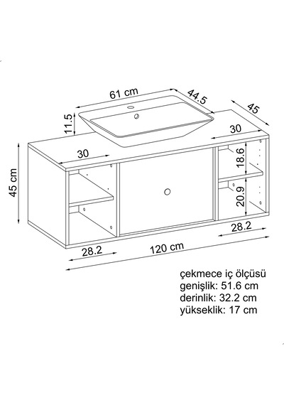 Gusto Ayaksız Lavabolu Mdf 120 Cm Çekmeceli Banyo Dolabı Atlantik Atlantik Çam