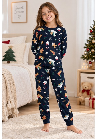Beniizle Yılbaşı Desenli Uzun Kollu Unisex Alt Üst Pijama Takımı Lacivert