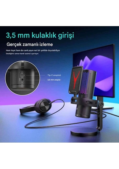 Gm7 Profesyonel Rgb Semi Pro Tak Çalıştır Usb Kablolu Vlog Canlı Yayın Stüdyo Mikrofon