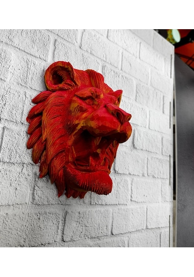 Dekoratif Asılabilir Aslan Başı 3d Duvar Heykeli Gold Red 20x21 Cm