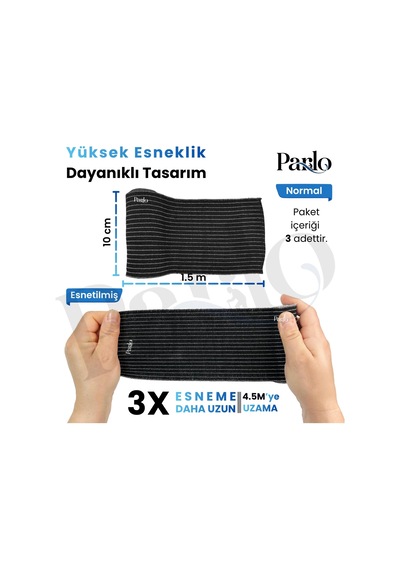 Siyah Elastik Bandaj 10 Cm X 1,5 M 3'lü Set %300 Esnek, 4,5 M'ye Kadar Uzayan, Metal Kancalı Destek Ve Sargı Bandajı