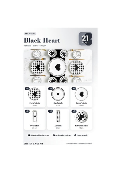 Tr Black Heart 21 Parça 6 Kişilik Lüx Kahvaltı Takımı, Kahvaltı Seti Genel