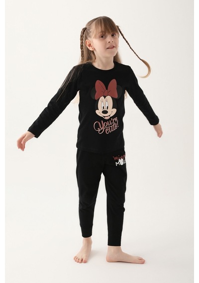 Minnie Mouse Siyah Kız Çocuk Uzun Kol Pijama Takım Siyah