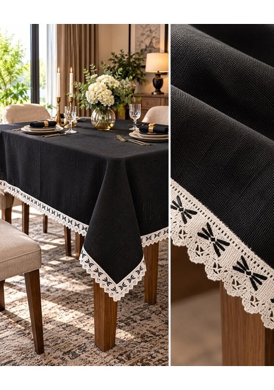Linen Keten Masa Örtüsü Siyah - 160 220-7819