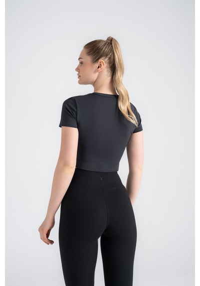 Kadın Antrasit Crop T-shirt Kısa Kollu, Bisiklet Yaka, Tüylenme Siyah