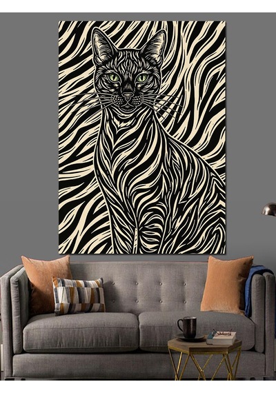 Ahşap Tablo Zebra Desenli Sanatsal Kedi Portresi