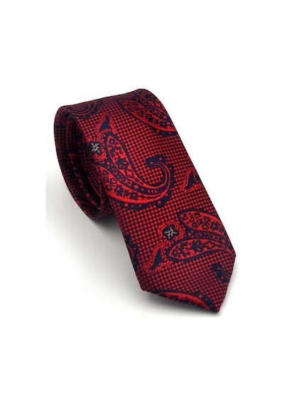 Gaffy Kırmızı Lacivert Şal Desenli Dokuma Kumaş Mendilli Slim Fit Kravat // Sdk-2604-5 Kırmızı
