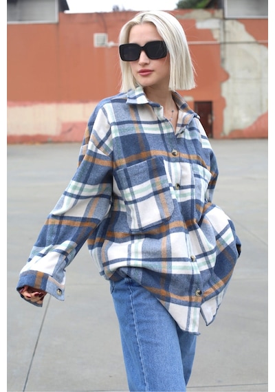Madmext Lacivert Oversize Kadın Oduncu Gömlek Mg1589