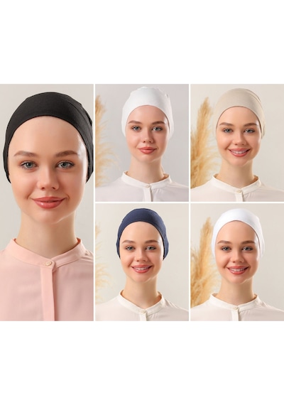 Melodi Scarf Kadın Tesettür Dikişli Set Bone Siyah Beyaz Ekru Lacivert Bej 5 Adet Bağlamalı Penye Bone Çok Renkli