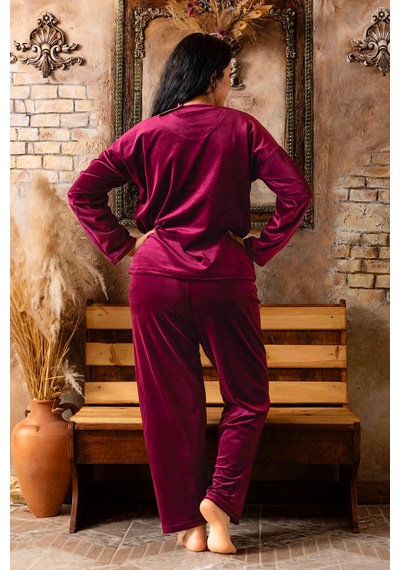 Nisanca Büyük Beden Kadife Kadın Pijama Takımı - Süper Soft Kadife Mürdüm