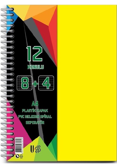 8+4 Ayraçlı Defter 12 Konulu 300 Yaprak 1 Adet 8 Kareli 4 Çizgili Spralli Plastik Kapak Seperatörlü Sarı