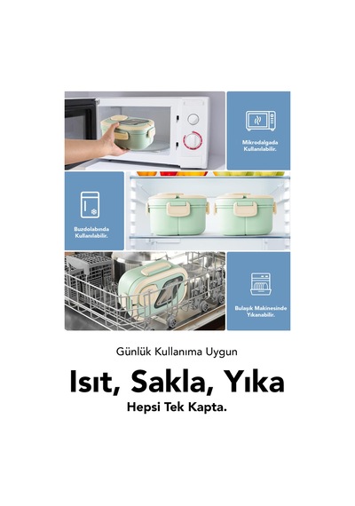 Bondie Kilitli Kapak Yemek Kabı - 2 Katlı Bölmeli Kaşık Ve Sosluklu Lunch Box Beslenme Kutusu Yeşil