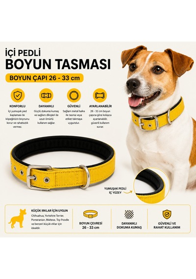 Köpek Boyun Tasması İçi Pedli 26-33 Cm Küçük Irk Dokuma Kumaş Metal Tokalı - Sarı Çok Renkli