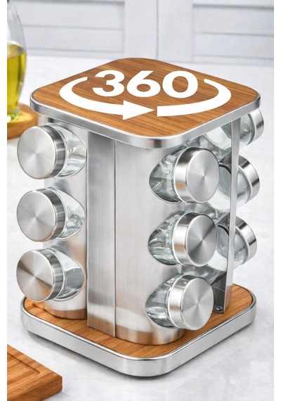 Makri Home 12 Li Ahşap Krom Kare Döner Baharatlık, 360 Paslanmaz Stantlı, 118 Ml Cam Kavanoz, 19 X 23 Cm Ahşap