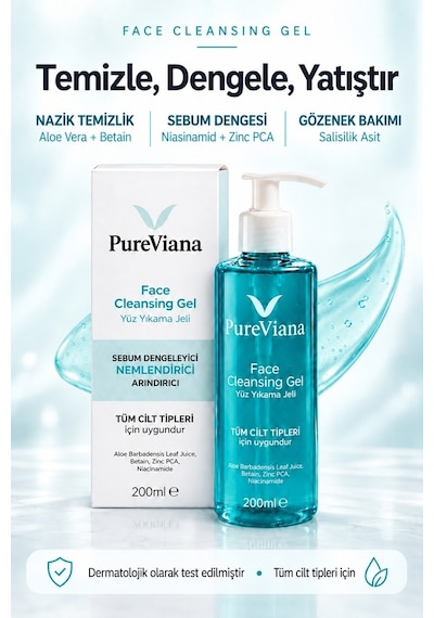 Pureviana Siyah Nokta Akne Karşıtı Gözenek Temizleyici ve Sebum Dengeleyici Yüz Temizleme Jeli 200 ML
