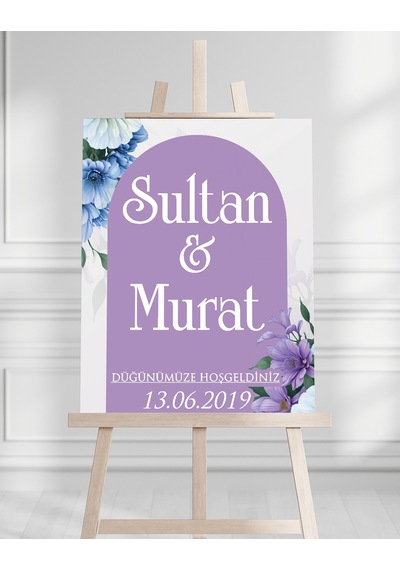 Söz Nişan Düğün İçin 50x70 Karşılama Panosu - Mor Ve Mavi Çiçekli Beyaz