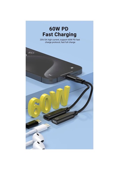 Ga50 2in1 Type-c 60w Pd Hızlı Şarj Ve Ses Aktarımı Kulaklık Aux Dönüştürücü İphone İle Uyumlu Alüminyum Kasa