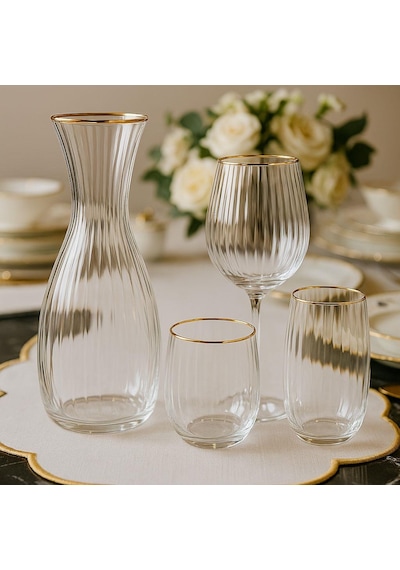 37 Parça 12 Kişilik Su Takımı Bohemia Kristal Carino Gold-5399 Şeffaf