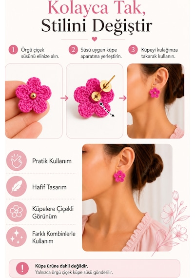Çiçek Papatya Küpe Süsü Tak Çıkar Küpe Aksesuarı Pembe