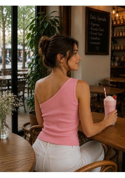 Feyece Pudra Tek Omuz Detaylı Kaşkorse Bluz Crop