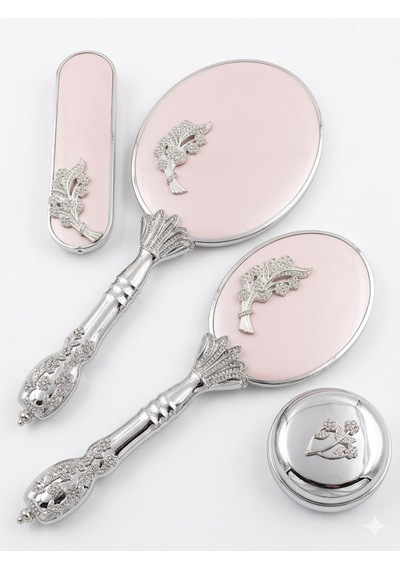 Camomile Pudra Pembe Silver Ayna Fırça Seti 4'lü - Lüks Taşlı Gümüş Gelin Bohçası Takımı Altın