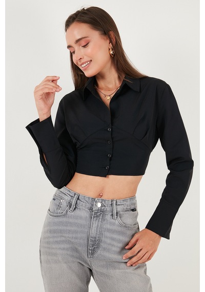 Lela Fitted Fit Pamuklu Korse Detaylı Uzun Kollu Crop Bayan Gömlek 611Go00376 Siyah
