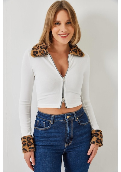 Shade Kadın Leopar Peluşlu Fermuarlı Hırka 60261015 - Beyaz