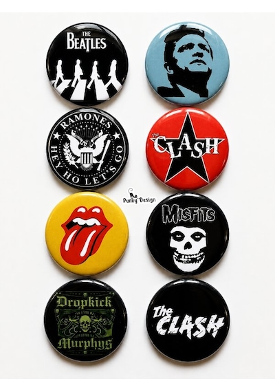 8 Li Set-12 Rock Müzik Temalı Rozet Seti Siyah Kırmızı Sarı Retro Punk Broş Pin Çok Renkli