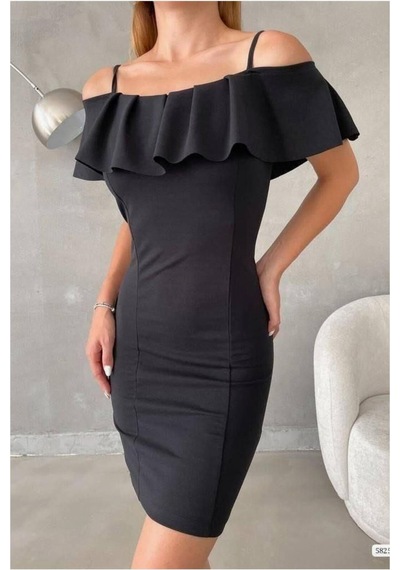 Lior Design Kadın Sade Madonna Yaka Volanlı Abiye Elbise Siyah