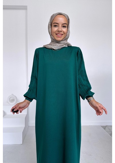 Kahijab Balon Kol Merserize Elbise - Zümrüt Yeşil