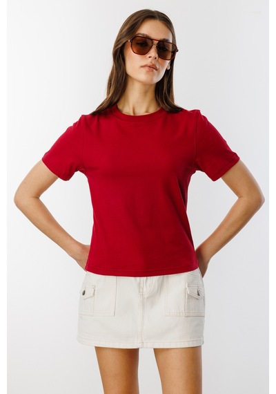 Kadın T-shirt Kısa Kollu Organik Pamuklu Bisiklet Yaka Crop T-shirt Kadın-t-shırt Bordo