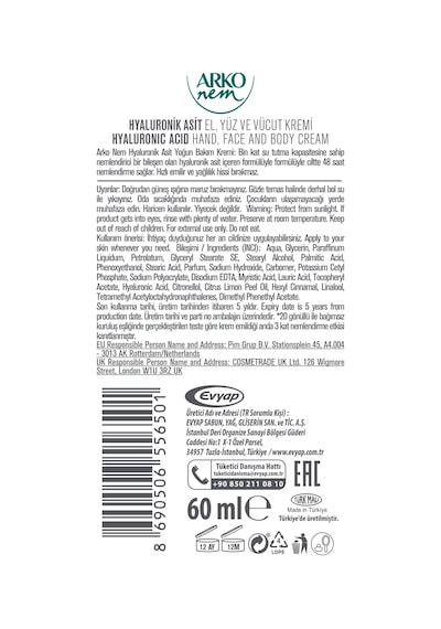 Arko Nem Yoğun Bakım Kremi Hyaluronik Asit 250+60 Ml