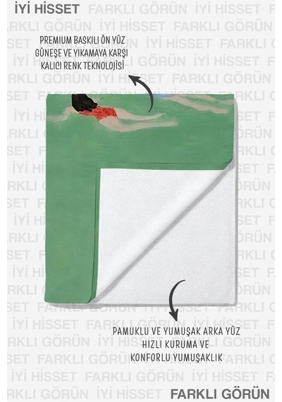 Deniz Temalı Yeşil Minimalist Plaj Havlusu - Akdeniz Yüzücü Figürlü Hızlı Kuruyan Mikrofiber Havlu Pastel Kabuğu