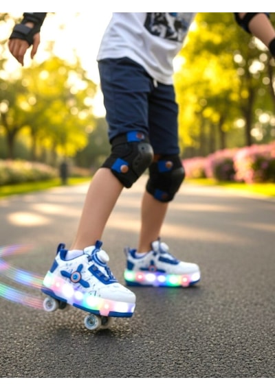 Patenli Işıklı Spor Ayakkabı 4 Tekerlekli Paten Beyaz - Mavi