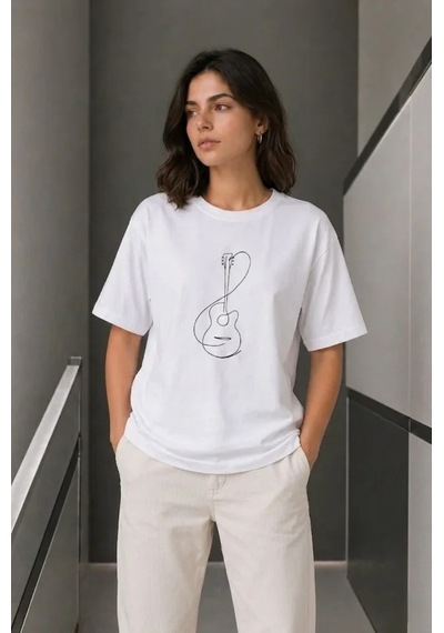Efnaz Style Minimal Gitar Baskılı Tişört T-shirt Yazlık Kısa Kol Bisiklet Yaka T-shirt - Beyaz