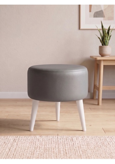 Modern Gri Deri Puf Tabure Ahşap Beyaz Ayaklı Yuvarlak Puf 40x42 Cm