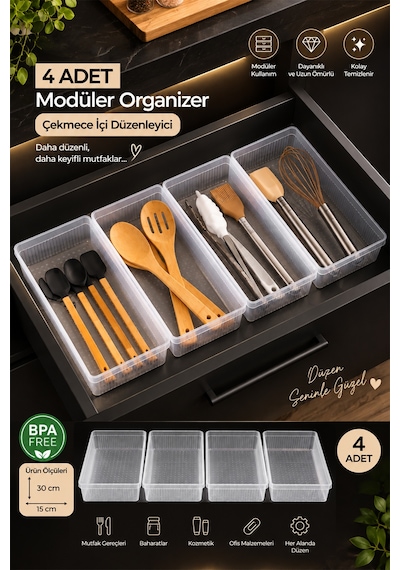 Porsima 0383 4'lü Modüler Çekmece İçi Organizer Seti 30x15 Cm Şeffaf Mutfak, Kaşıklık, Kozmetik Ve Ofis Düzenleyici