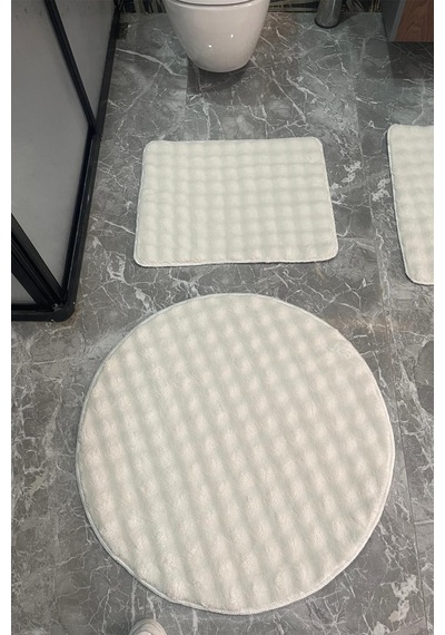 3'lü Kaymaz Taban Peluş Banyo Klozet Takımı 60x100 + 50x60 + 80x80 Yuvarlak Krem