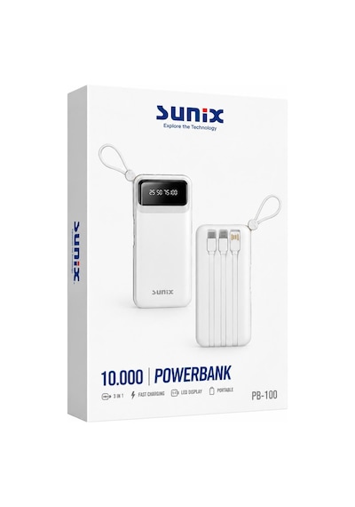 Sunix Pb 120 10.000 Mah Dijital Göstergeli Kendinden Kablolu Powerbank Beyaz
