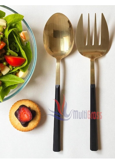 Büyük Boy Çelik Servis Kaşığı Servis Çatalı 27 Cm 2li Set, Altın Çok Renkli